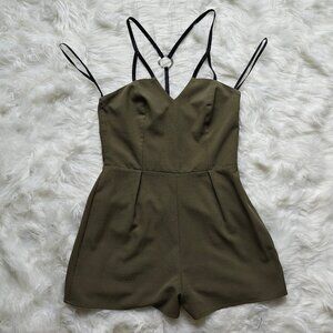Bebe Army Green Ribbon Strap Romper, SIZE Medium